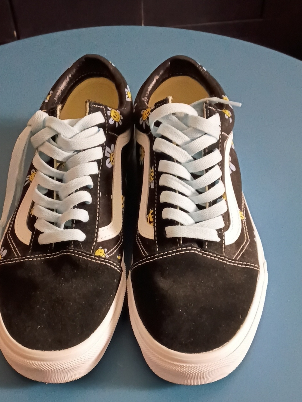 Vans Black Floral Low-Top Sneakers with Light Blue Laces